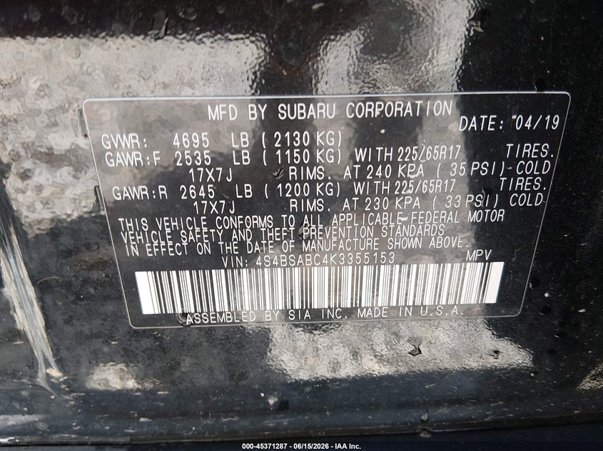 2019 Subaru Outback VIN 4S4BSABC4K3355153 IAAI salvage auction — RIGHT FRONT, Salvage Title, sold $1,300 on 2026-09-10 (photo 9)