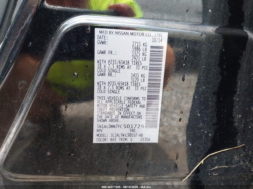 2015 Infiniti Qx60 VIN 5N1AL0MN7FC501729 IAAI salvage auction — REAR END, Salvage (Mississippi), sold $225 on 2026-07-10 (photo 9)