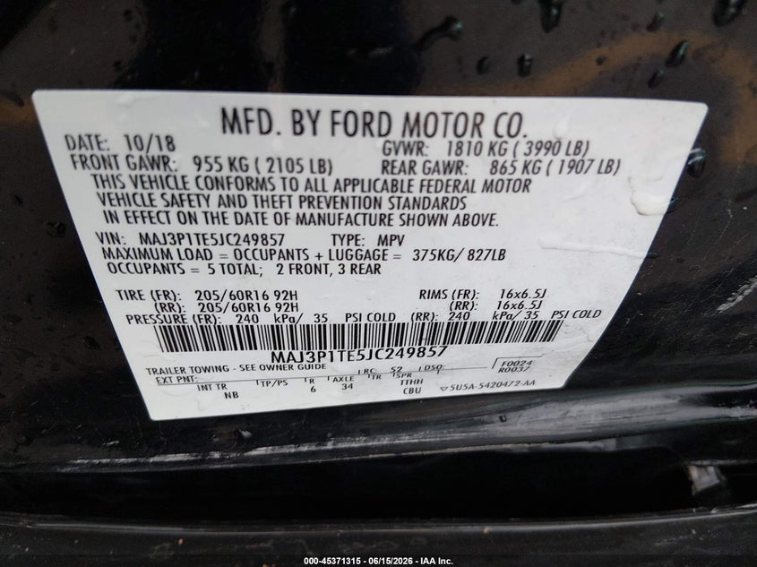 2018 Ford Ecosport VIN MAJ3P1TE5JC249857 IAAI salvage auction — FRONT END, Salvage (Texas), sold $325 on 2026-07-09 (photo 9)