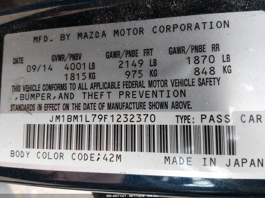 2015 Mazda 3 VIN JM1BM1L79F1232370 IAAI salvage auction — HAIL, Salvage (South Carolina), sold $1,250 on 2026-07-29 (photo 9)