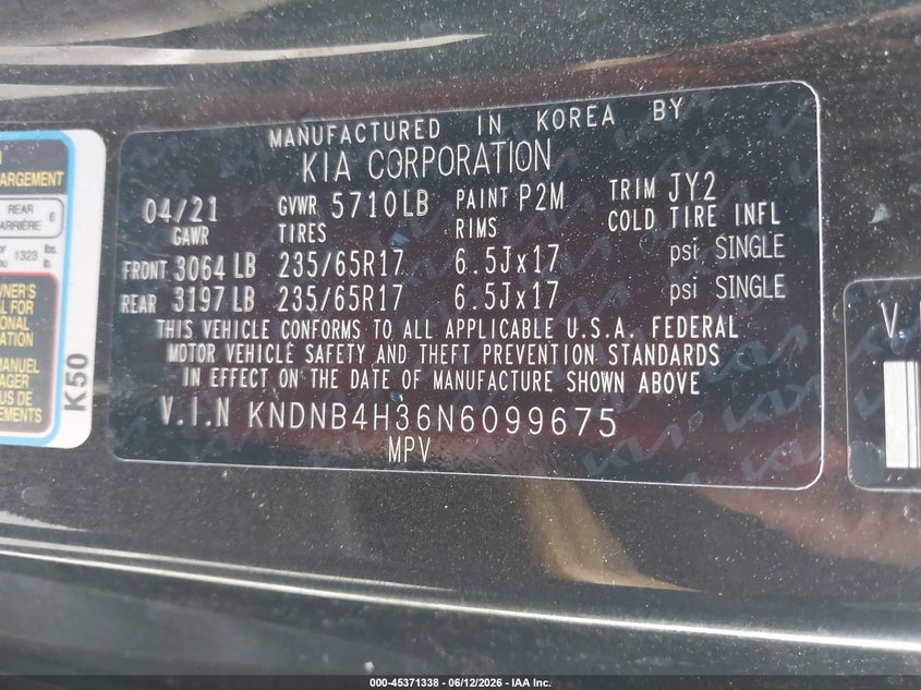 2022 Kia Carnival VIN KNDNB4H36N6099675 IAAI salvage auction — REAR END, Salvage (Arizona), sold $6,150 on 2026-07-21 (photo 9)