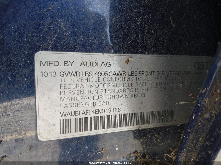 2014 Audi A4 VIN WAUBFAFL4EN019186 IAAI salvage auction — FRONT END, Clear (South Carolina), sold $350 on 2026-07-22 (photo 9)