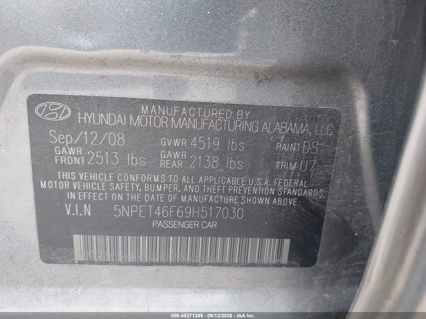 2009 Hyundai Sonata VIN 5NPET46F69H517030 IAAI salvage auction — FRONT END, Salvage (Georgia), sold $525 on 2026-07-17 (photo 9)