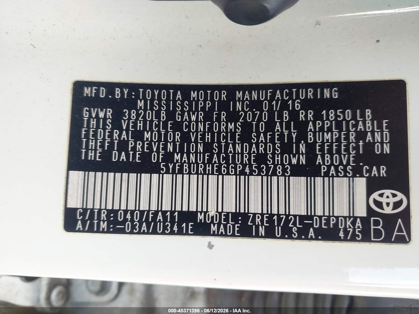2016 Toyota Corolla VIN 5YFBURHE6GP453783 IAAI salvage auction — REAR END, Rebuildable (Florida), sold $2,275 on 2026-07-14 (photo 9)