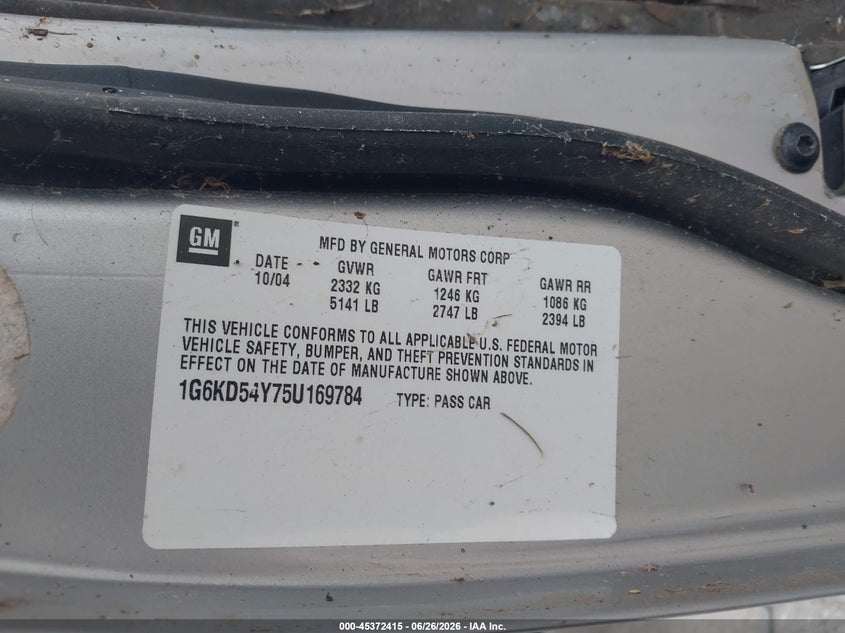 2005 Cadillac De ville VIN 1G6KD54Y75U169784 IAAI salvage auction — NORMAL WEAR, Regular Certificate (Iowa), sold $450 on 2026-07-07 (photo 9)