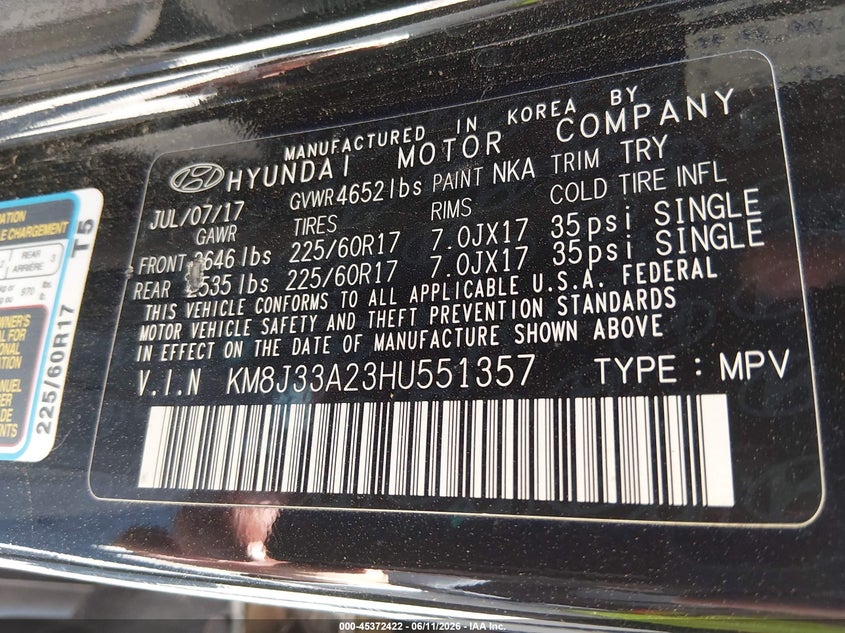 2017 Hyundai Tucson VIN KM8J33A23HU551357 IAAI salvage auction — NORMAL WEAR, Clear (New Mexico), sold $3,050 on 2026-07-13 (photo 9)