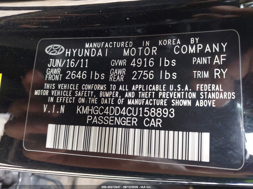2012 Hyundai Genesis VIN KMHGC4DD4CU158893 IAAI salvage auction — RIGHT REAR, Clear (Arizona), sold $650 on 2026-07-11 (photo 9)