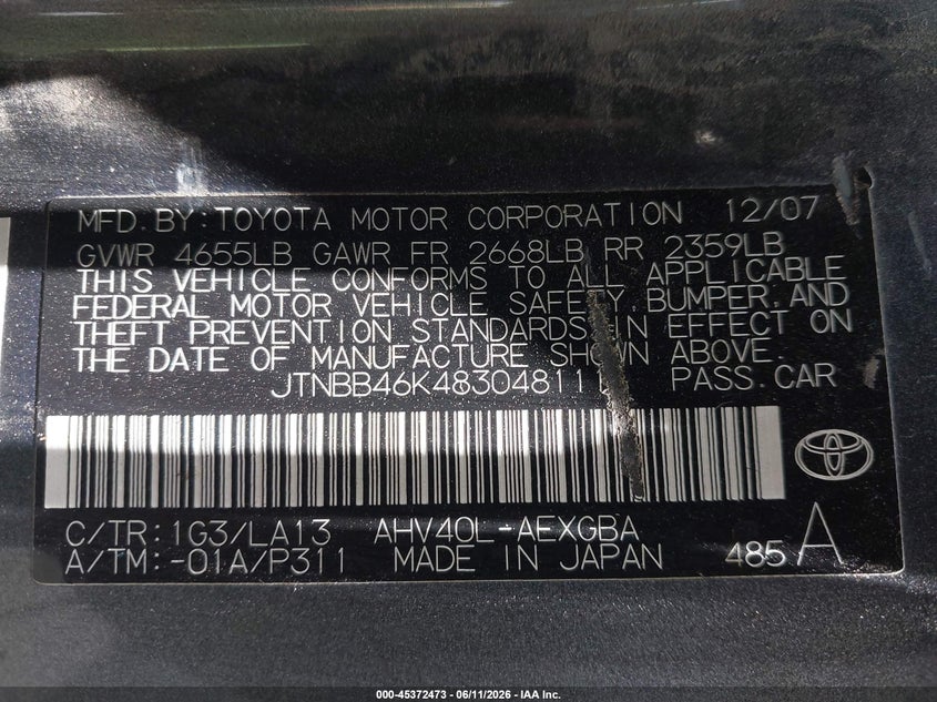 2008 Toyota Camry hybrid VIN JTNBB46K483048111 IAAI salvage auction — NORMAL WEAR, Clear - Dealer Only (California), sold $925 on 2026-07-20 (photo 9)