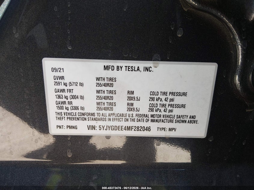 2021 Tesla Model y VIN 5YJYGDEE4MF282046 IAAI salvage auction — RIGHT SIDE, Salvage (California), sold $10,250 on 2026-07-09 (photo 9)