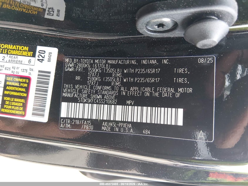 2025 Toyota Sienna VIN 5TDKSKFC4SS210682 IAAI salvage auction — REAR END, Salvage Title, sold $18,450 on 2026-07-16 (photo 9)