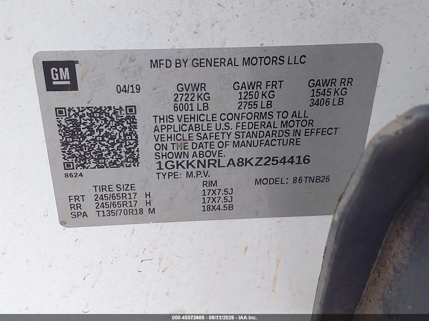 2019 Gmc Acadia VIN 1GKKNRLA8KZ254416 IAAI salvage auction — NORMAL WEAR, Sf97 (Louisiana), sold $9,300 on 2026-08-03 (photo 9)