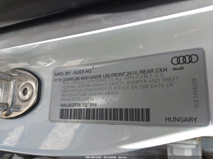 2019 Audi A3 VIN WAUJEGFF5K1021558 IAAI salvage auction — ROOF, Salvage (Illinois), sold $3,750 on 2026-07-29 (photo 9)