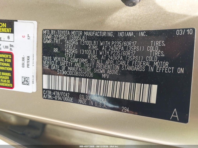 2011 Toyota Sienna VIN 5TDKK3DC0BS025036 IAAI salvage auction — FRONT END, Clear (Massachusetts), sold $1,300 on 2026-07-17 (photo 9)