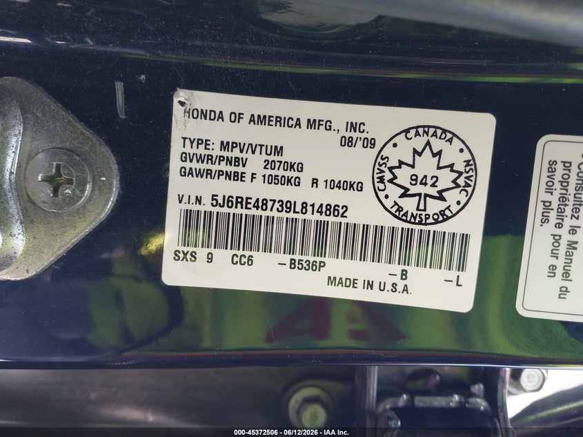 2009 Honda Cr-v VIN 5J6RE48739L814862 IAAI salvage auction — FRONT END, Bill Of Sale (Washington), sold $2,050 on 2026-07-24 (photo 9)