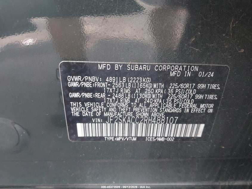 2024 Subaru Forester VIN JF2SKACC2RH488107 IAAI salvage auction — RIGHT FRONT, Salvage (North Carolina), sold $6,450 on 2026-07-12 (photo 9)