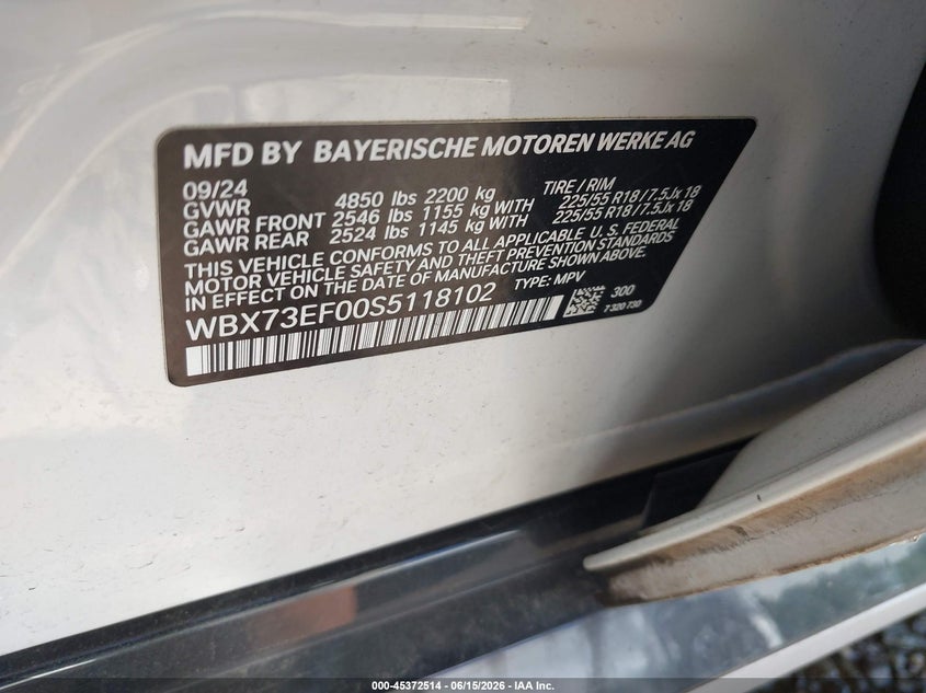 2025 BMW X1 VIN WBX73EF00S5118102 IAAI salvage auction — FRONT END, Salvage Title, sold $9,850 on 2026-08-11 (photo 9)