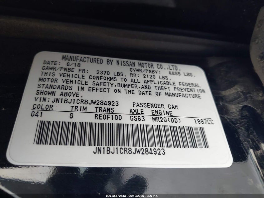 2018 Nissan Rogue VIN JN1BJ1CR8JW284923 IAAI salvage auction — RIGHT FRONT, Bill Of Sale (Washington), sold $1,600 on 2026-07-15 (photo 9)