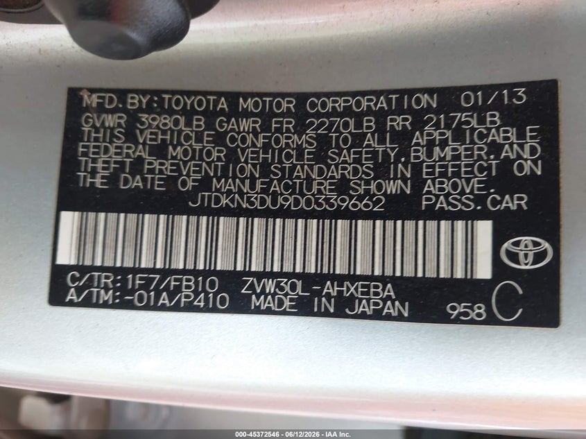 2013 Toyota Prius VIN JTDKN3DU9D0339662 IAAI salvage auction — NORMAL WEAR, Clear-Dealer Only (Arizona), sold $1,525 on 2026-07-28 (photo 9)