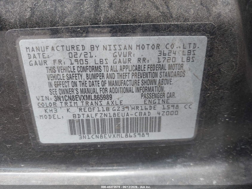 2021 Nissan Versa VIN 3N1CN8EVXML865989 IAAI salvage auction — LEFT SIDE, Salvage Title, sold $3,000 on 2026-07-17 (photo 9)