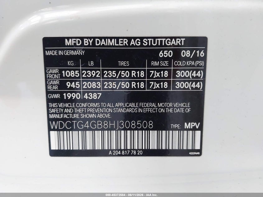 2017 Mercedes-benz VIN WDCTG4GB8HJ308508 IAAI salvage auction — FRONT END, Salvage (California), sold $1,350 on 2026-07-14 (photo 9)
