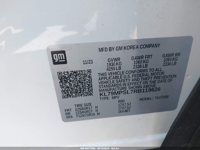 2024 Chevrolet Trailblazer VIN KL79MPSL7RB119626 IAAI salvage auction — LEFT REAR, Salvage Title, sold $3,350 on 2026-07-29 (photo 9)