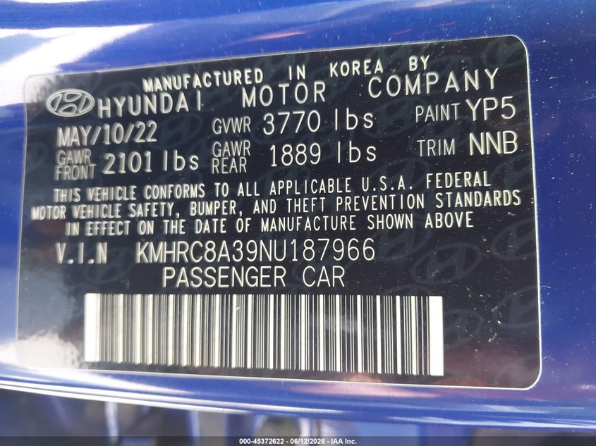 2022 Hyundai Venue VIN KMHRC8A39NU187966 IAAI salvage auction — RIGHT FRONT, Salvage (North Carolina), sold $4,775 on 2026-07-20 (photo 9)