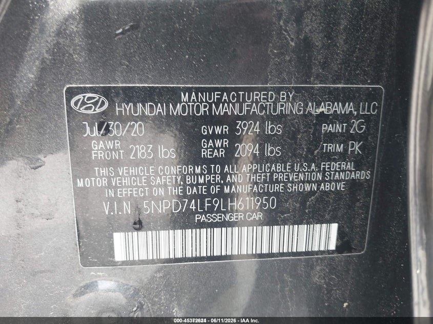 2020 Hyundai Elantra VIN 5NPD74LF9LH611950 IAAI salvage auction — ALL OVER, SF97 (New Hampshire), sold $11,000 on 2026-07-31 (photo 9)