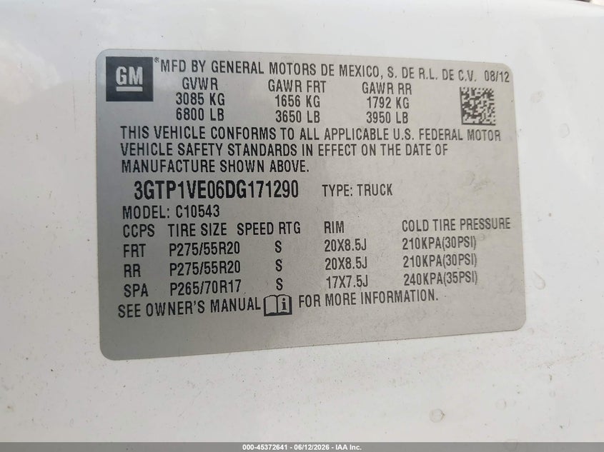 2013 Gmc Sierra 1500 VIN 3GTP1VE06DG171290 IAAI salvage auction — FRONT END, Original (Texas), sold $1,050 on 2026-07-08 (photo 9)