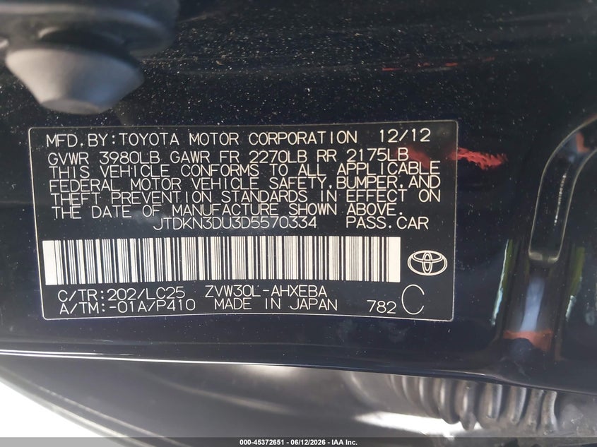2013 Toyota Prius VIN JTDKN3DU3D5570334 IAAI salvage auction — RIGHT FRONT, Salvage (California), sold $2,150 on 2026-07-15 (photo 9)