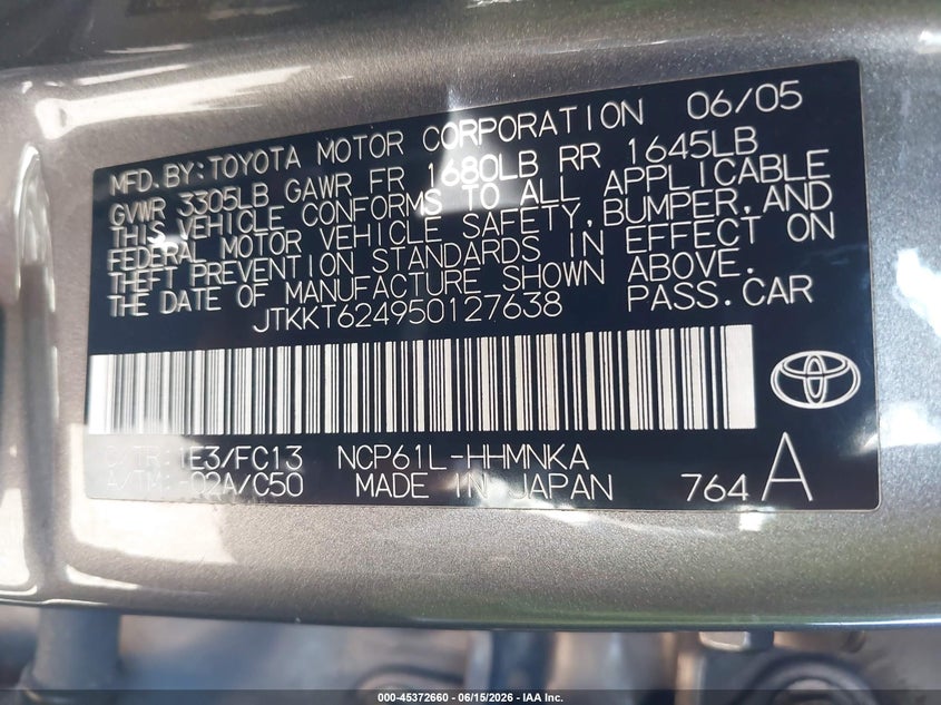 2005 Scion Xa VIN JTKKT624950127638 IAAI salvage auction — NORMAL WEAR, Clear-Dealer Only (Texas), sold $675 on 2026-07-30 (photo 9)