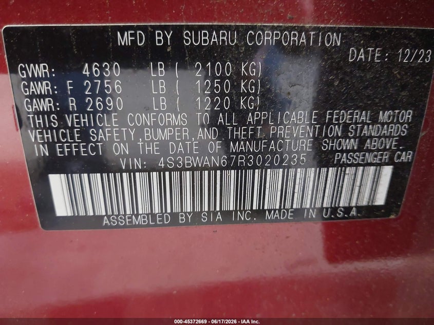 2024 Subaru LEGACY VIN 4S3BWAN67R3020235 IAAI salvage auction — RIGHT FRONT, Salvage Title, sold $8,050 on 2026-08-12 (photo 9)