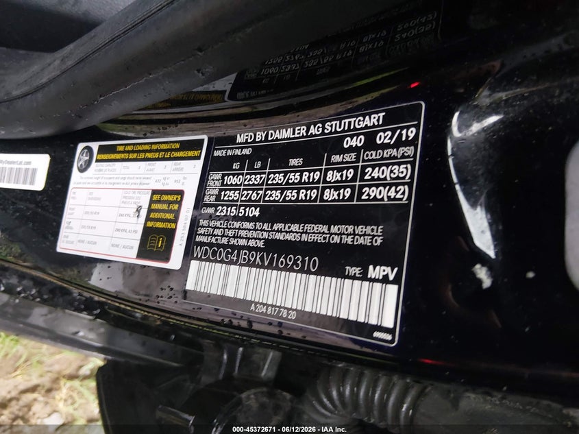 2019 Mercedes-benz Glc VIN WDC0G4JB9KV169310 IAAI salvage auction — RIGHT SIDE, Salvage (Tennessee), sold $5,650 on 2026-07-16 (photo 9)