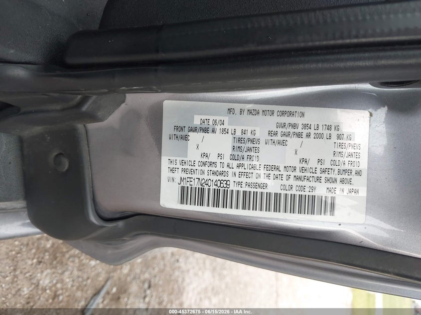 2004 Mazda Rx-8 VIN JM1FE17N240140639 IAAI salvage auction — WATER/FLOOD, Salvage (Texas), sold $25 on 2026-07-28 (photo 9)