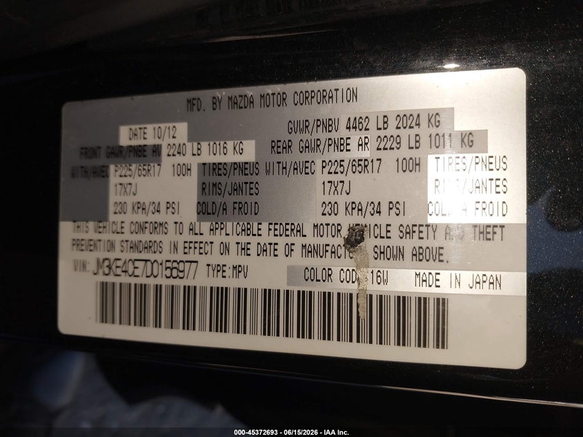2013 Mazda Cx-5 VIN JM3KE4CE7D0156977 IAAI salvage auction — ENGINE DAMAGE, Salvage Title, sold $1,700 on 2026-07-17 (photo 9)