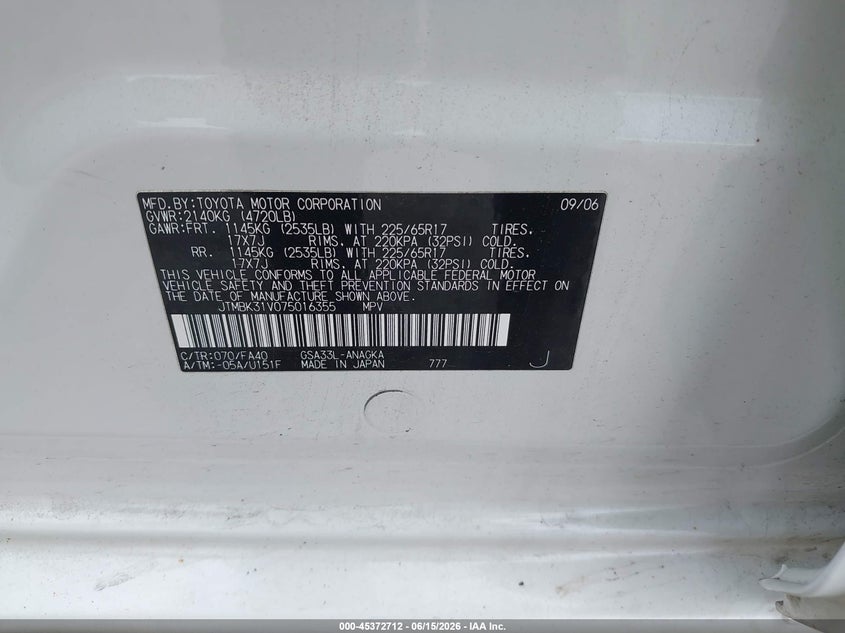 2007 Toyota Rav4 VIN JTMBK31V075016355 IAAI salvage auction — HAIL, Original (Texas), sold $950 on 2026-07-29 (photo 9)