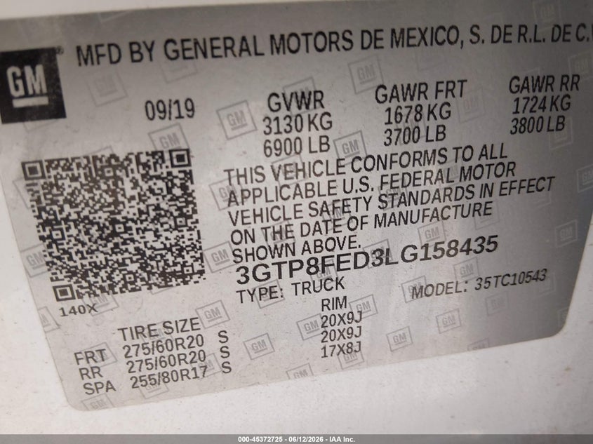 2020 Gmc SIERRA VIN 3GTP8FED3LG158435 IAAI salvage auction — RIGHT SIDE, Original (Texas), sold $8,500 on 2026-07-22 (photo 9)