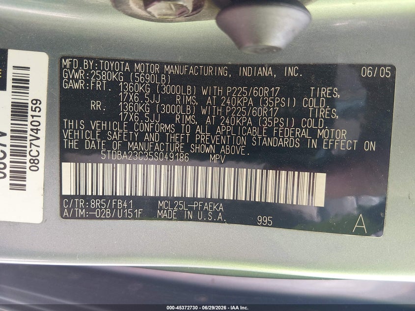 2005 Toyota Sienna VIN 5TDBA23C35S049186 IAAI salvage auction — FRONT & REAR, Salvage (West Virginia), sold $250 on 2026-07-31 (photo 9)