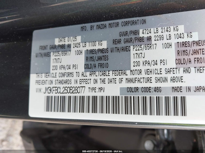 2025 Mazda Cx-5 VIN JM3KFBCL2S0628077 IAAI salvage auction — FRONT & REAR, Salvage - 75% Or Less (Maryland), sold $2,000 on 2026-07-30 (photo 9)