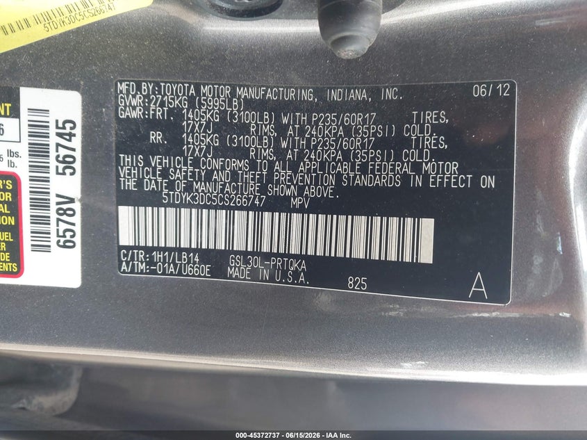 2012 Toyota Sienna VIN 5TDYK3DC5CS266747 IAAI salvage auction — FRONT END, Salvage (Illinois), sold $1,200 on 2026-07-16 (photo 9)