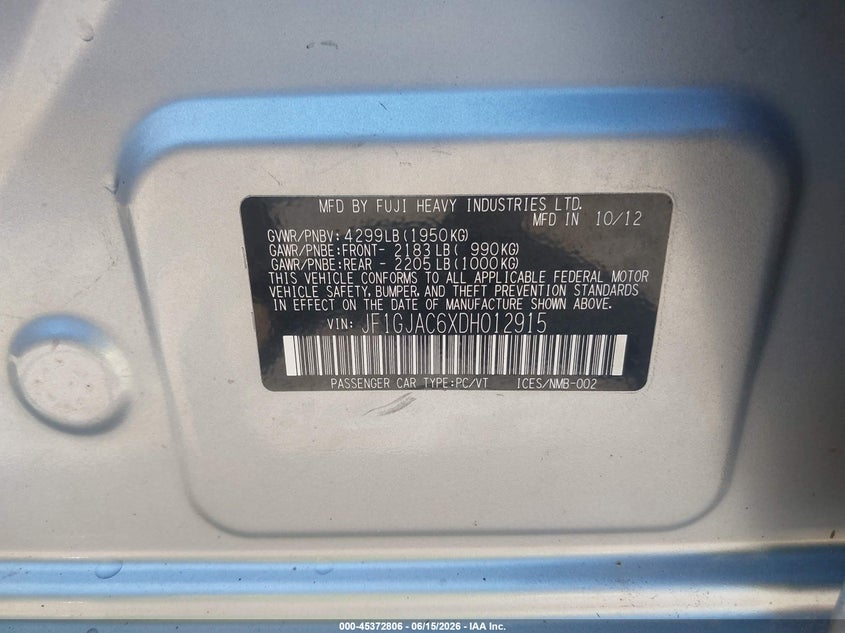2013 Subaru Impreza VIN JF1GJAC6XDH012915 IAAI salvage auction — RIGHT REAR, Salvage (Missouri), sold $225 on 2026-07-28 (photo 9)