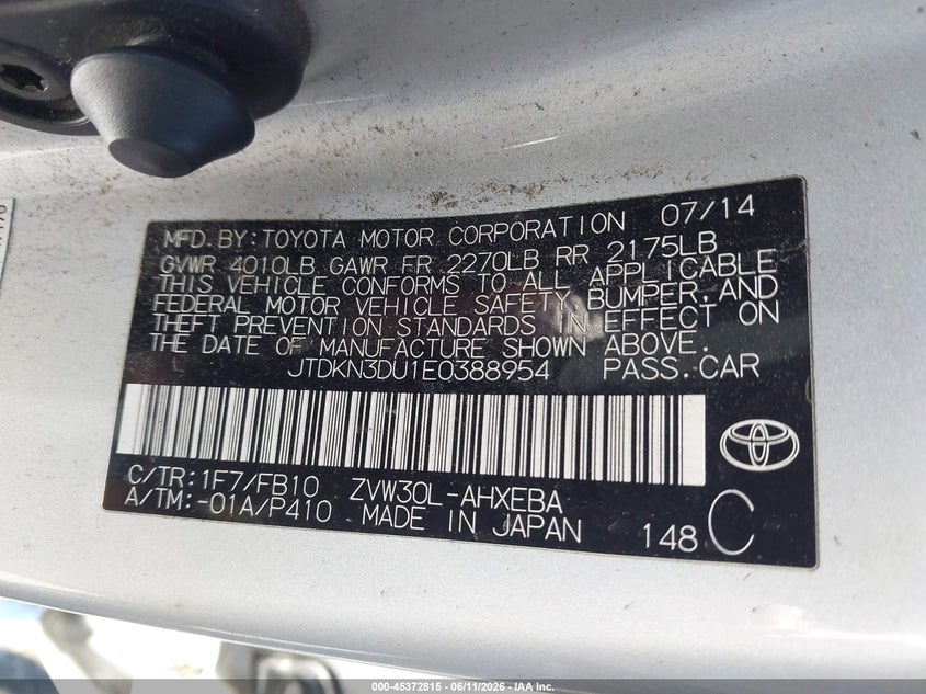 2014 Toyota Prius VIN JTDKN3DU1E0388954 IAAI salvage auction — FRONT END, Salvage (California), sold $550 on 2026-07-23 (photo 9)
