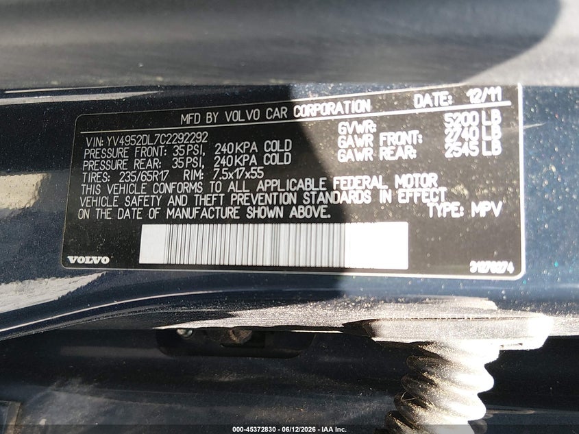 2012 Volvo Xc60 VIN YV4952DL7C2292292 IAAI salvage auction — NORMAL WEAR, Clear (South Carolina), sold $375 on 2026-07-21 (photo 9)