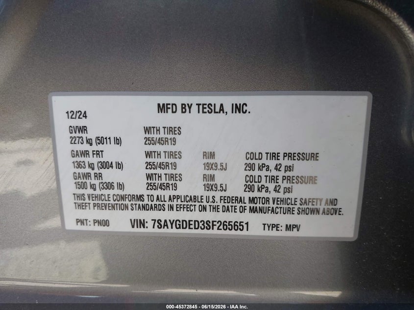 2025 Tesla Model y VIN 7SAYGDED3SF265651 IAAI salvage auction — REAR END, Salvage - Greater Than 75% (Maryland), sold $7,000 on 2026-07-11 (photo 9)