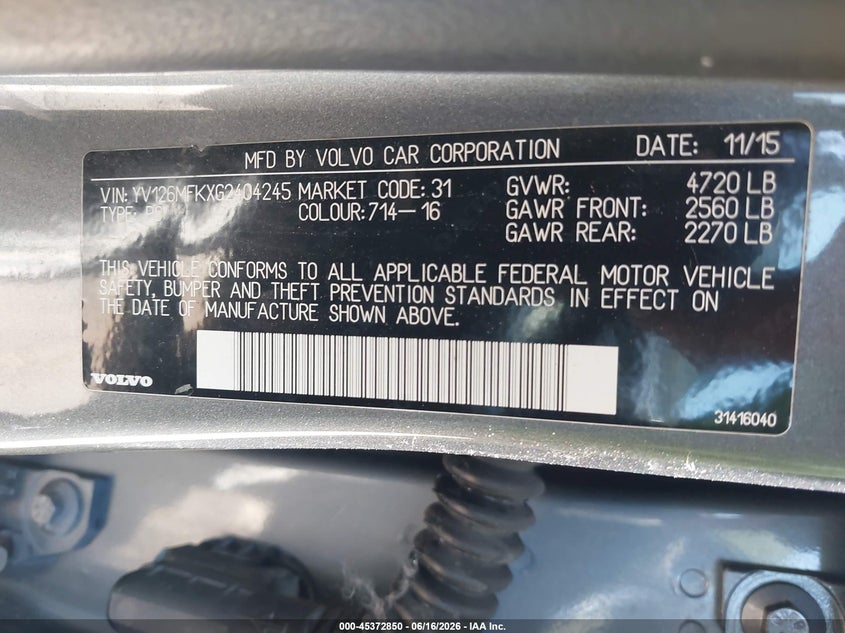 2016 Volvo S60 VIN YV126MFKXG2404245 IAAI salvage auction — FRONT END, Clear (Virginia), sold $425 on 2026-07-16 (photo 9)