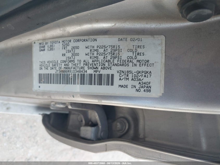 2001 Toyota 4runner VIN JT3HN86R810348434 IAAI salvage auction — NORMAL WEAR, Clear (Arizona), sold $1,050 on 2026-07-30 (photo 9)