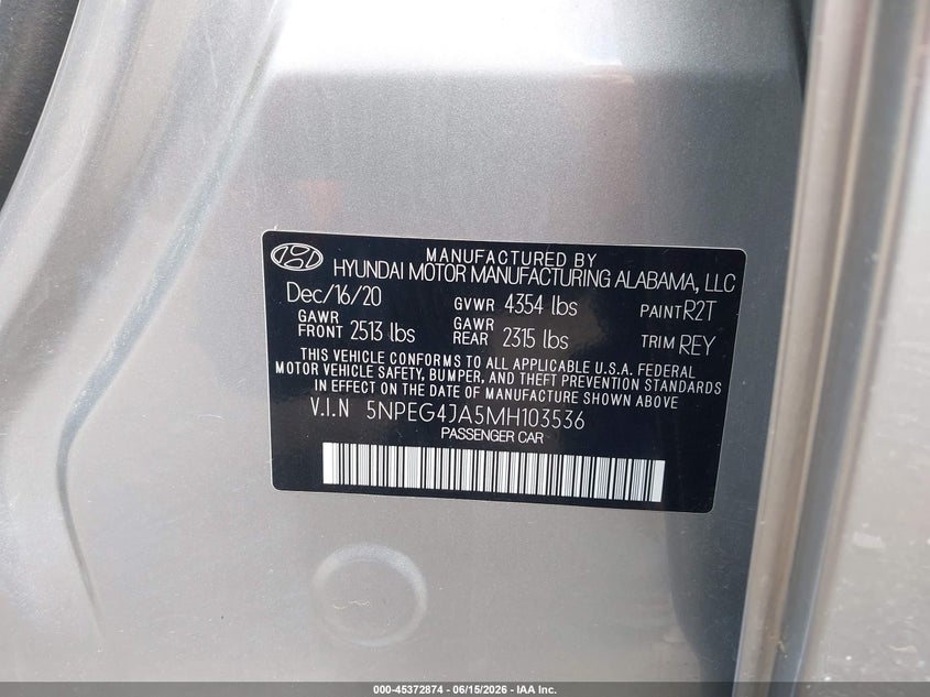 2021 Hyundai Sonata VIN 5NPEG4JA5MH103536 IAAI salvage auction — FRONT END, Mv-907A (New York), sold $4,100 on 2026-08-03 (photo 9)