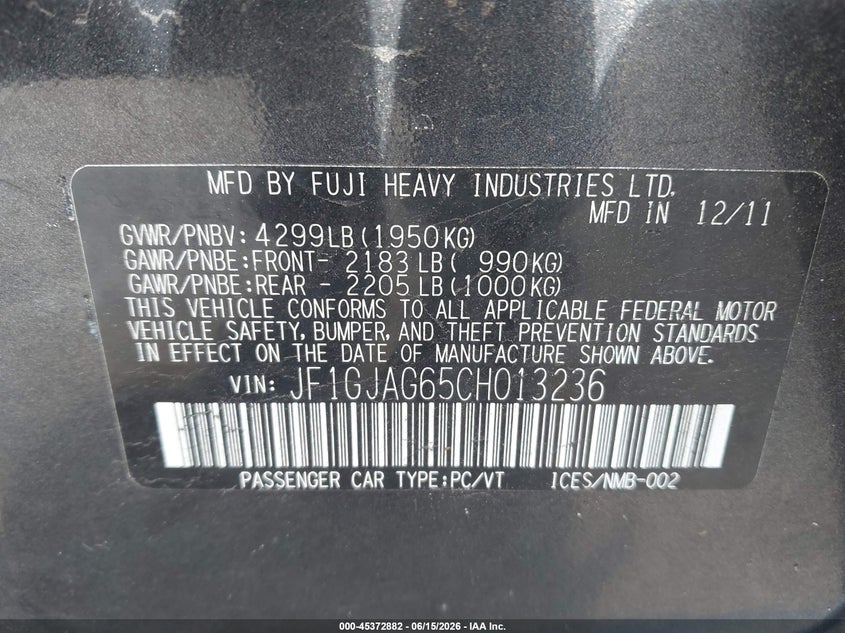 2012 Subaru Impreza VIN JF1GJAG65CH013236 IAAI salvage auction — FRONT END, Clear (North Carolina), sold $600 on 2026-07-30 (photo 9)