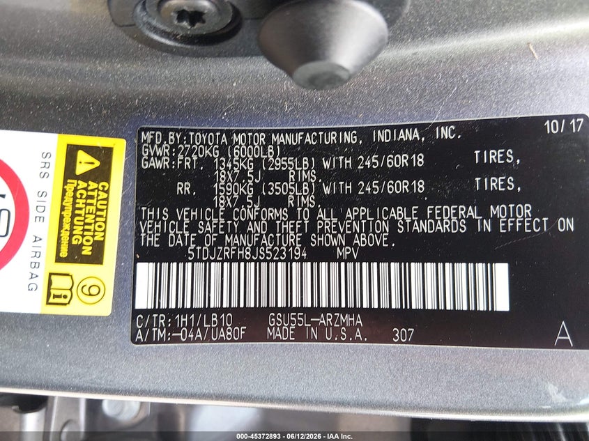 2018 Toyota Highlander VIN 5TDJZRFH8JS523194 IAAI salvage auction — RIGHT FRONT, Salvage (Texas), sold $5,900 on 2026-07-28 (photo 9)