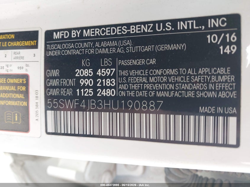 2017 Mercedes-benz C-klasse VIN 55SWF4JB3HU190887 IAAI salvage auction — UNKNOWN, Original (Texas), sold $4,000 on 2026-07-27 (photo 9)
