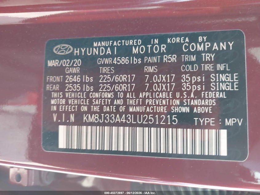 2020 Hyundai Tucson VIN KM8J33A43LU251215 IAAI salvage auction — REAR END, Rebuildable (Florida), sold $4,050 on 2026-07-16 (photo 9)
